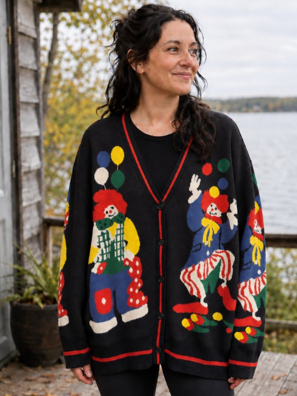 Clown Cardigan Sweater Size L Black Circus Novelty Oversized Retro Clowncore Art